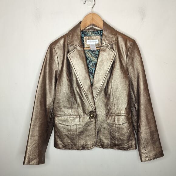 Worthington Leather Jacket Gold Bronze Button Up - Picture 1 of 10